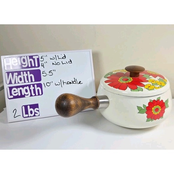 Vtg David Kamenstein Retro Enamel Fondue Pot Red Yellow Flowers Wood Handles - Picture 10 of 10